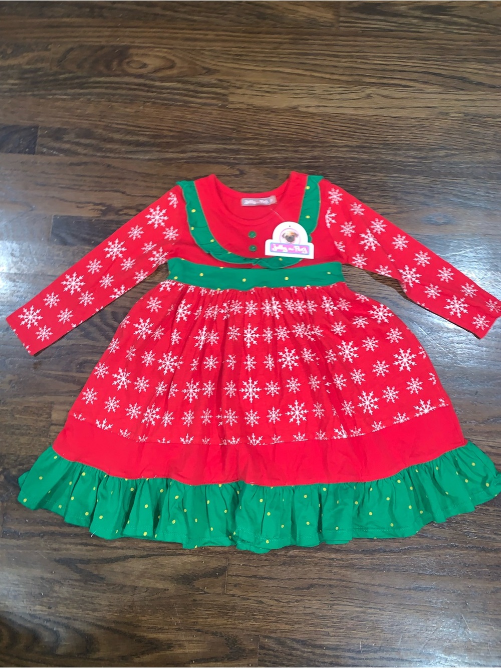 Jelly the Pug Holiday Red & Green Cotton Snowflake Dress size 3t